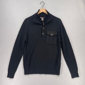 NWT Amicale Sweater Mens Md Black Pullover 1/2 Placket Stand Collar Preppy Basic